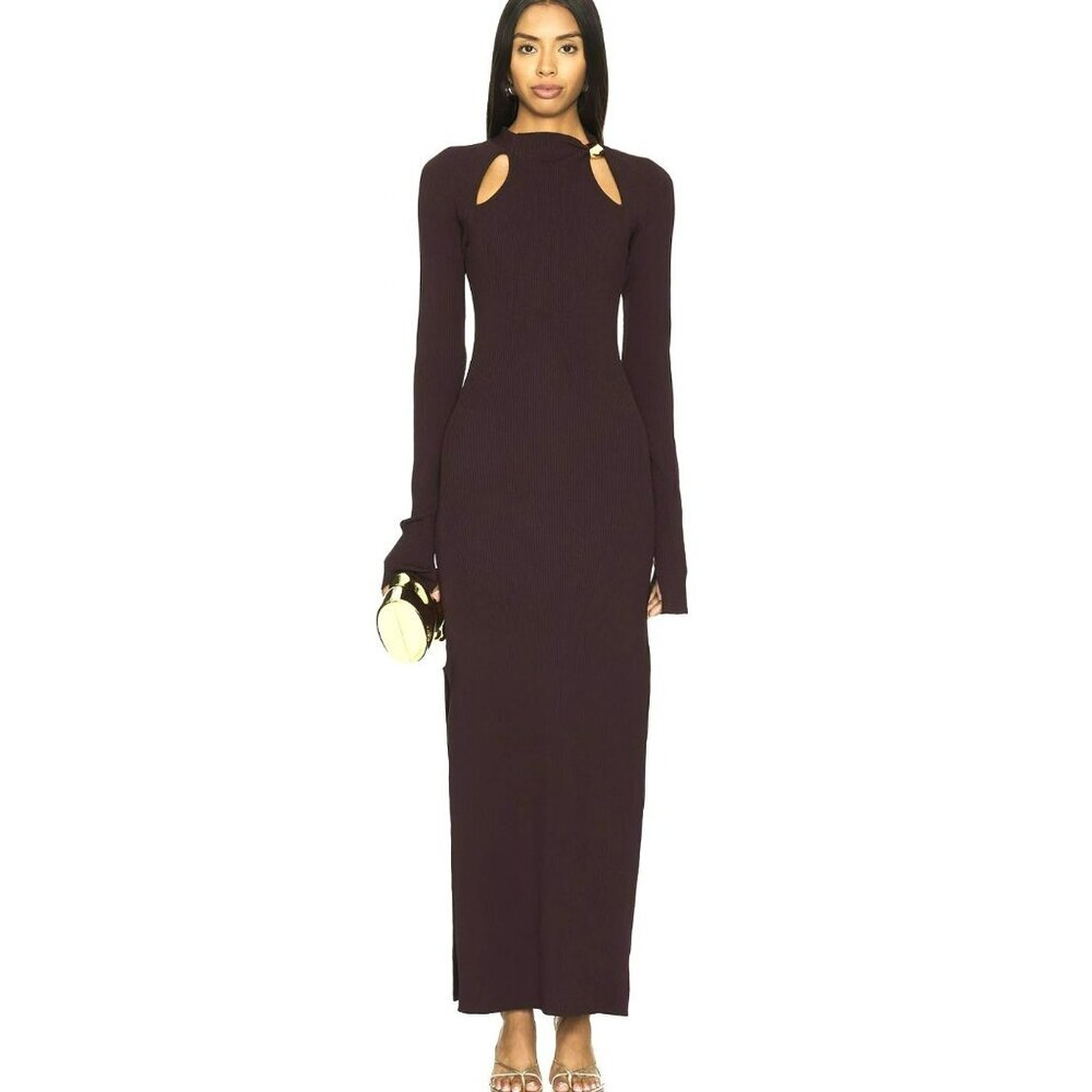 Nicholas Plum Ellie Gold Bead Cutout Ribbed Knit Maxi Dress Sz Small
